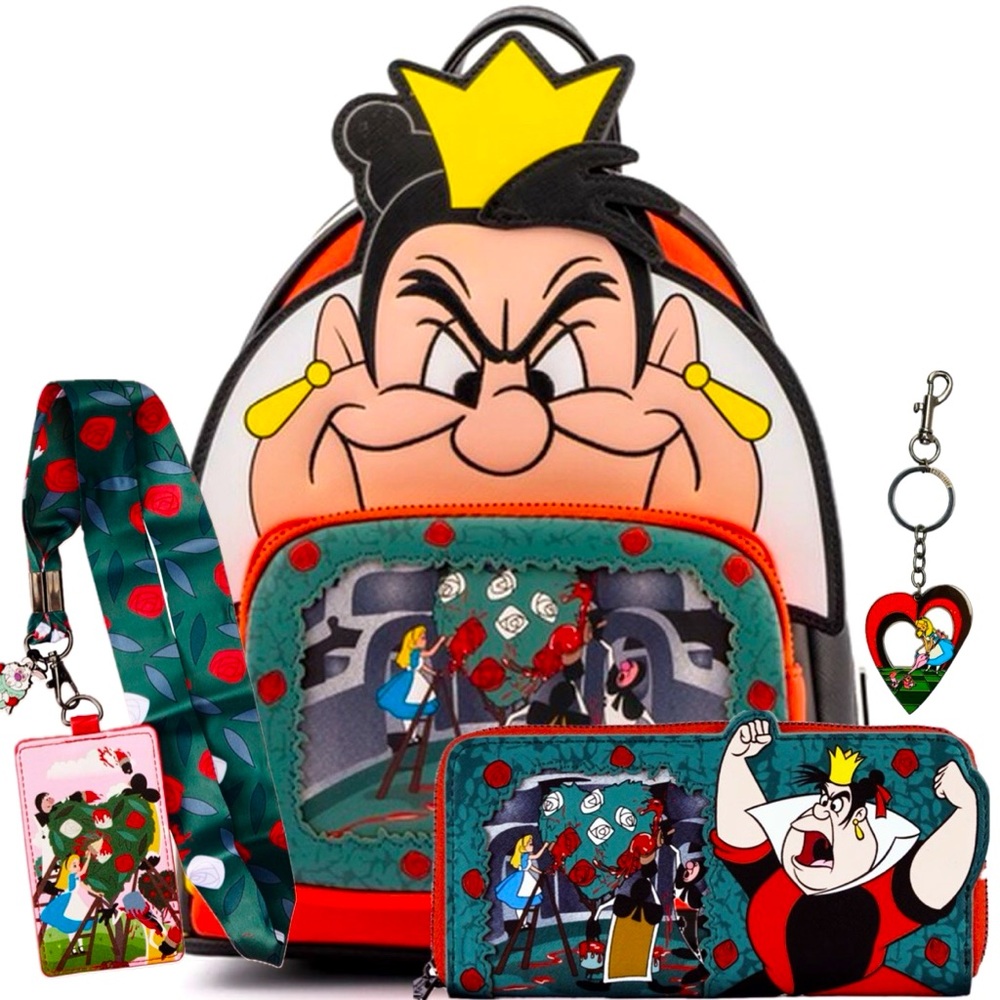 Disney Loungefly Queen of Hearts Bag w/Wallet Keychain & Lanyard 4pc Set NWT